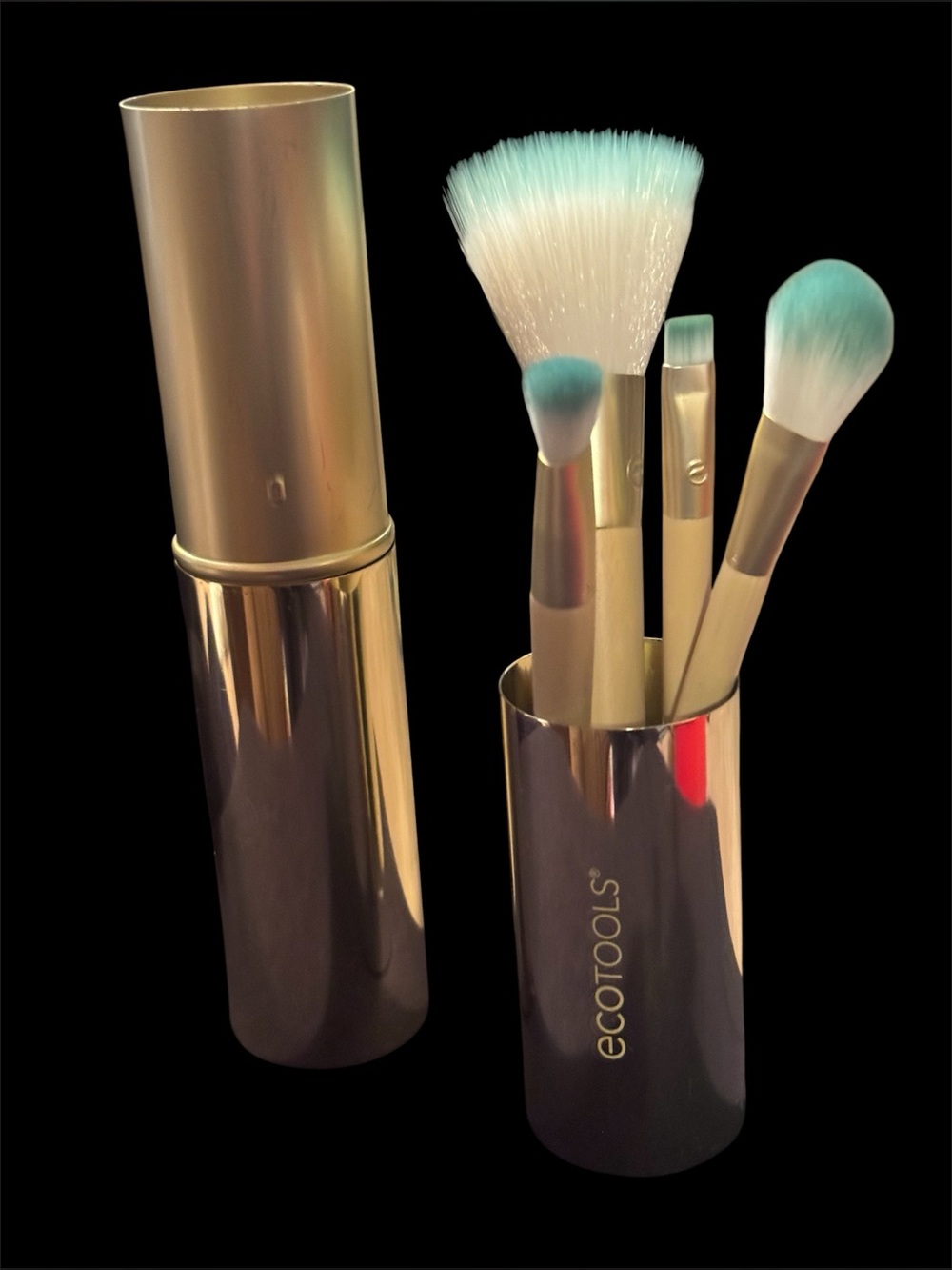 ecotools Gold Handle Travel Makeup Brush Set with Aqua-Tipped Bristles